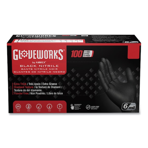 Gloveworks By Ammex Disposable Gloves, 6 mil Palm, Nitrile, Diamond Texture, Powder-Free, L, 1000 PK, Black GWBN46100 - main